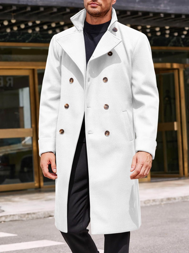 Runcati Mens Trench Coat Notch Lapel Double Breasted Belted Pea Coat Wool Blend Winter Warm Overcoat - Image 3