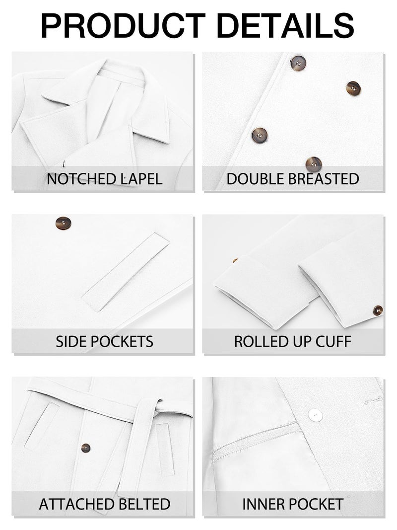 Runcati Mens Trench Coat Notch Lapel Double Breasted Belted Pea Coat Wool Blend Winter Warm Overcoat - Image 5