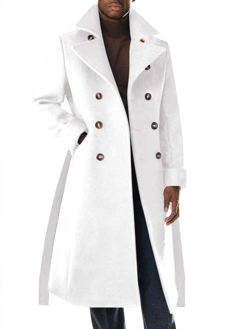 Runcati Mens Trench Coat Notch Lapel Double Breasted Belted Pea Coat Wool Blend Winter Warm Overcoat - Image 1