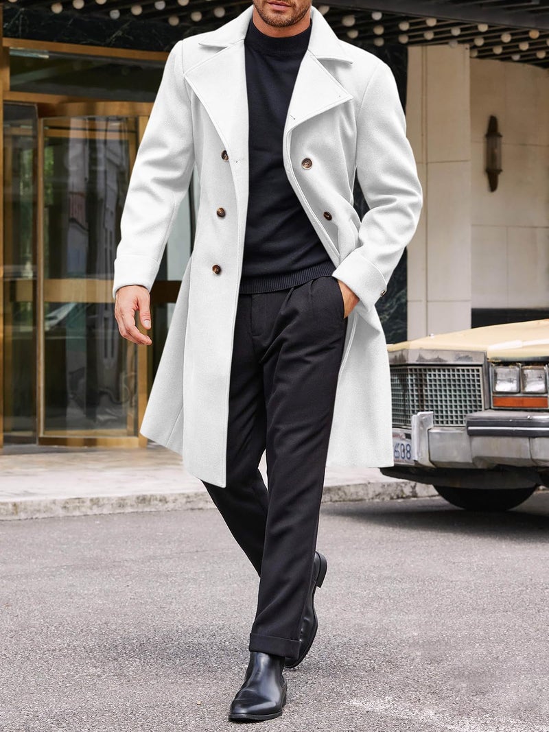 Runcati Mens Trench Coat Notch Lapel Double Breasted Belted Pea Coat Wool Blend Winter Warm Overcoat - Image 4