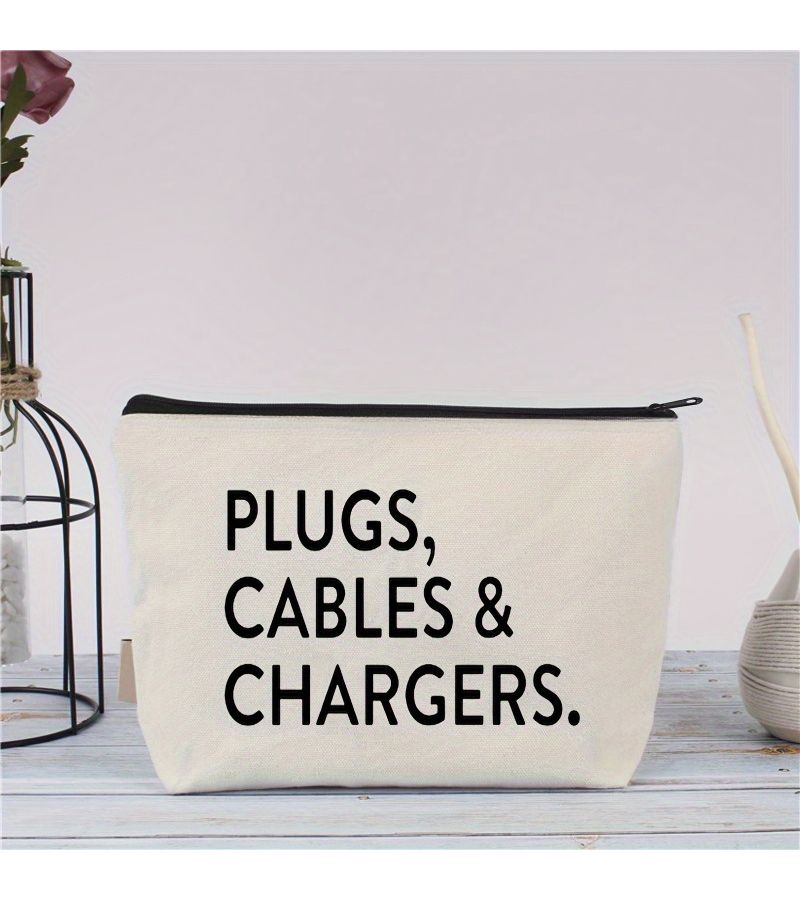 White Fabric Charger and Cable Organizer Pouch for Travel Home Office - Image 2