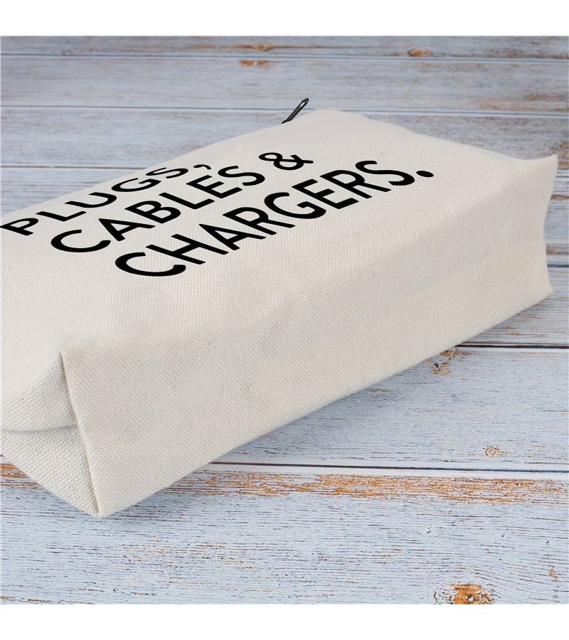 White Fabric Charger and Cable Organizer Pouch for Travel Home Office - Image 3