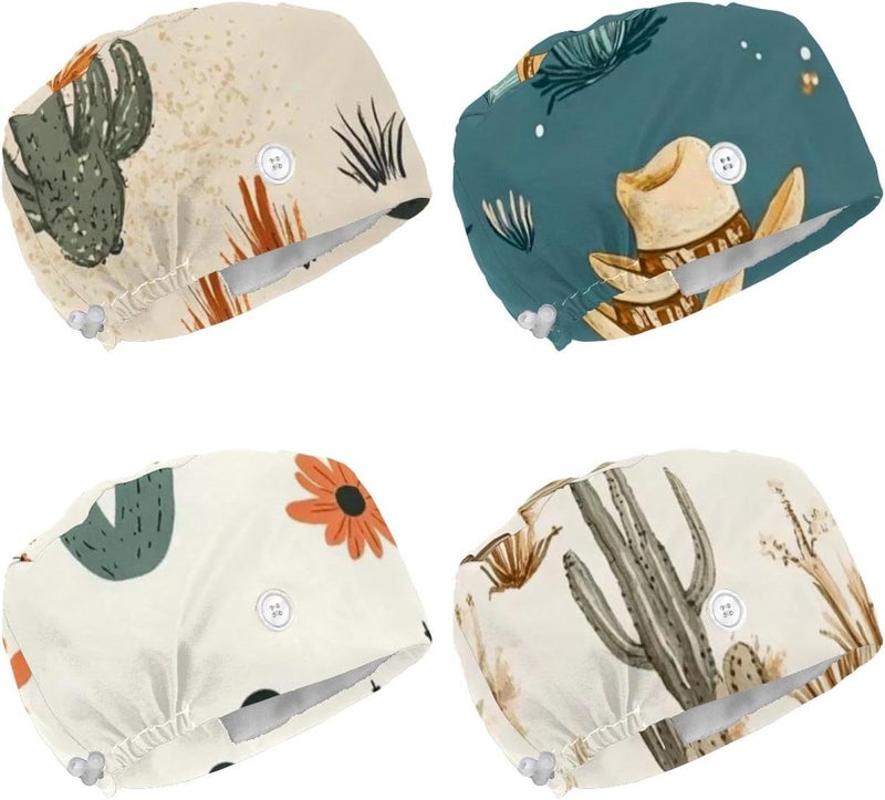 4 Packs Cowboy Hat Cactuses Western Adjustable Scrub Cap Hat, Working Hat Sweatband for Woman - Image 1