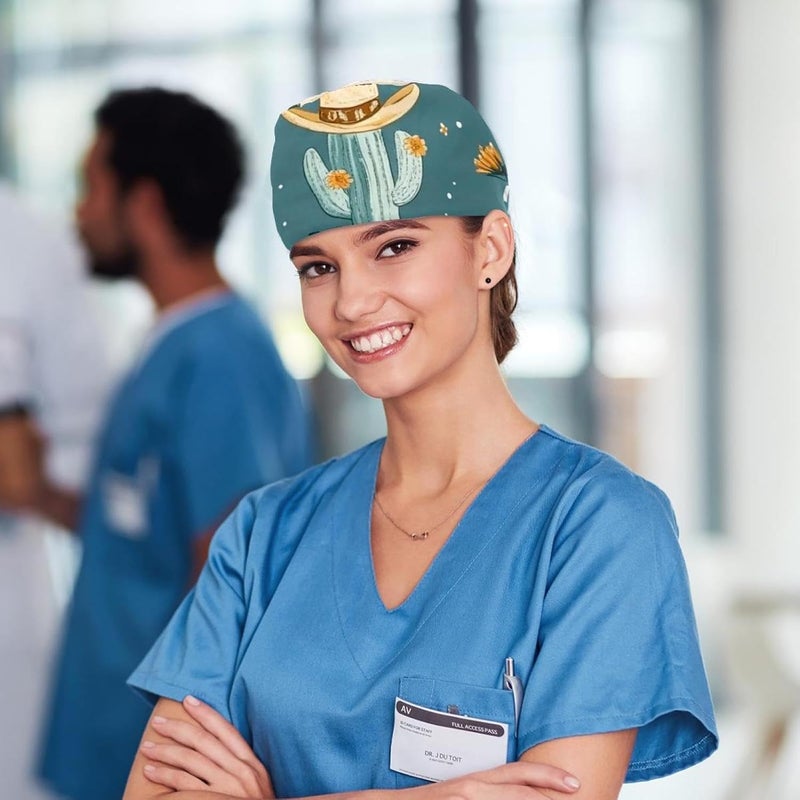 4 Packs Cowboy Hat Cactuses Western Adjustable Scrub Cap Hat, Working Hat Sweatband for Woman - Image 5