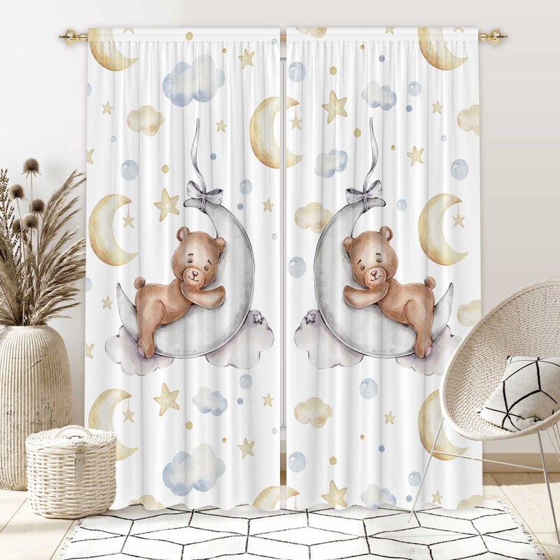 Felortte Felortte 82 Wx 84 L Cartoon Lovely Bear Moon and Stars Window Curtains for Baby Room Bedroom Nursery Home Decor Decorations with Fabric Machine Washable 