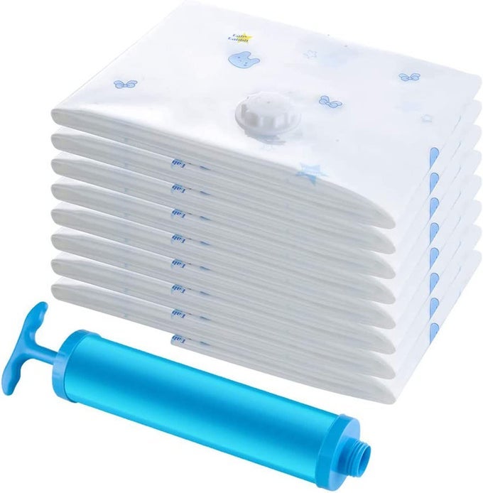 VACUUM STORAGE BAGS 8PACK 4 JUMBO 2 LARGE 2 MEDIUM REUSABLE SPACE SAVER BAGS VACUUM COMPRESSION ZIPPER STORAGE BAGS WITH AIRTIGHT VALVE AND HAND PUMPWORK WITH VACUUM CLEANER
