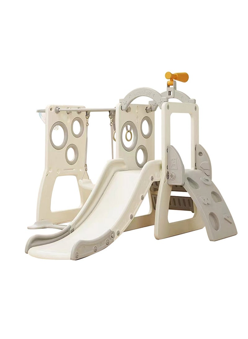 MaBaby 6 in 1 Kids Slide Large Entertainment Toy Freestanding Slide with Basketball Hoop Climbing Ladder Horizontal Bar Rings and Telescope Indoor Outdoor Backyard Playground Toy  - Image 1