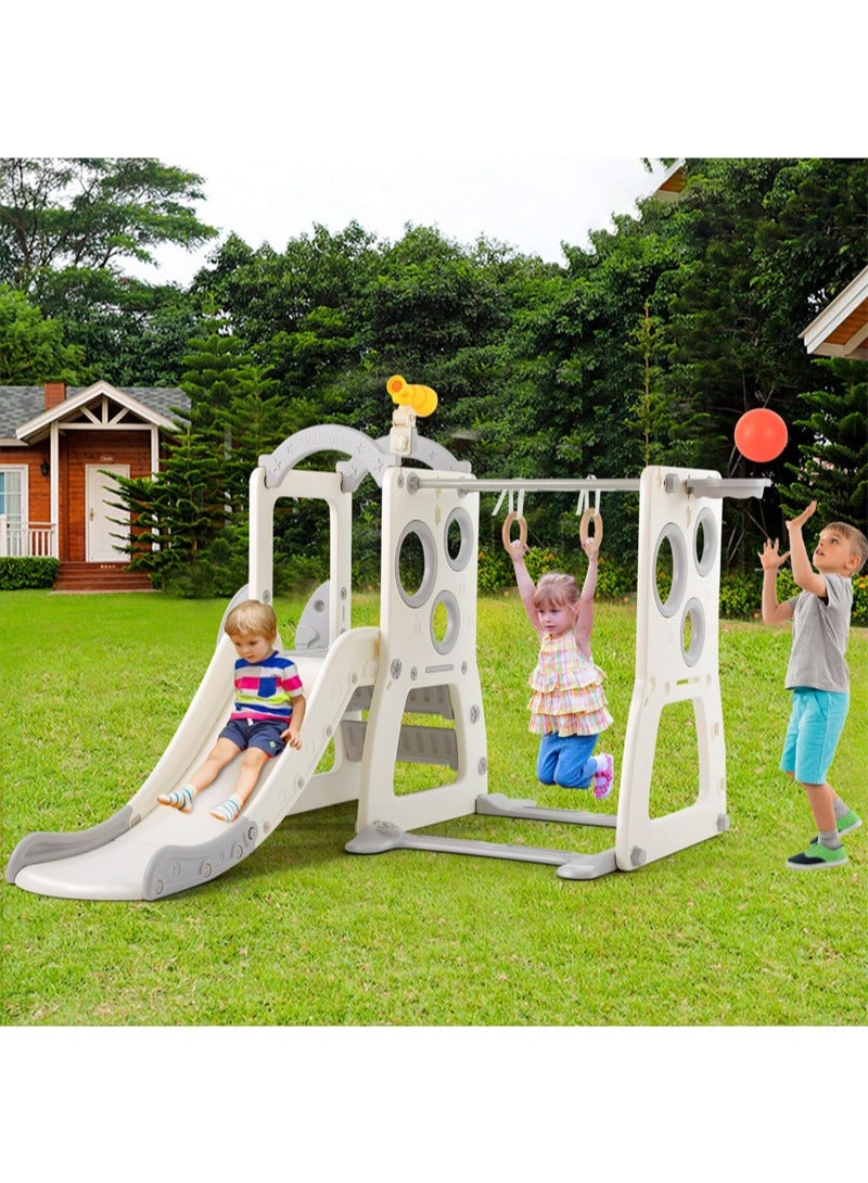 MaBaby 6 in 1 Kids Slide Large Entertainment Toy Freestanding Slide with Basketball Hoop Climbing Ladder Horizontal Bar Rings and Telescope Indoor Outdoor Backyard Playground Toy  - Image 3