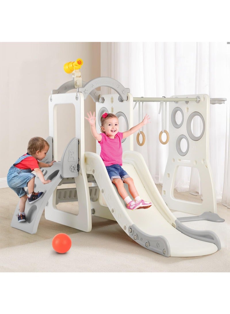 MaBaby 6 in 1 Kids Slide Large Entertainment Toy Freestanding Slide with Basketball Hoop Climbing Ladder Horizontal Bar Rings and Telescope Indoor Outdoor Backyard Playground Toy  - Image 4