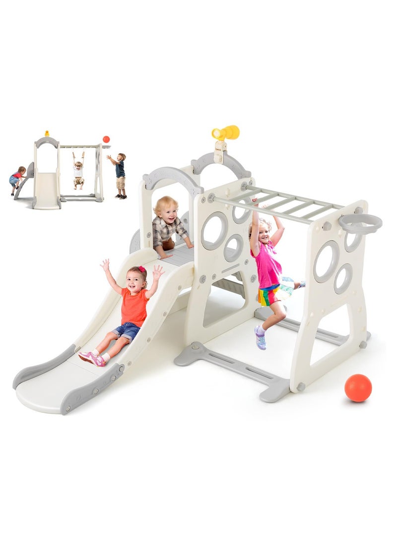MaBaby 6 in 1 Kids Slide Large Entertainment Toy Freestanding Slide with Basketball Hoop Climbing Ladder Horizontal Bar Rings and Telescope Indoor Outdoor Backyard Playground Toy  - Image 5