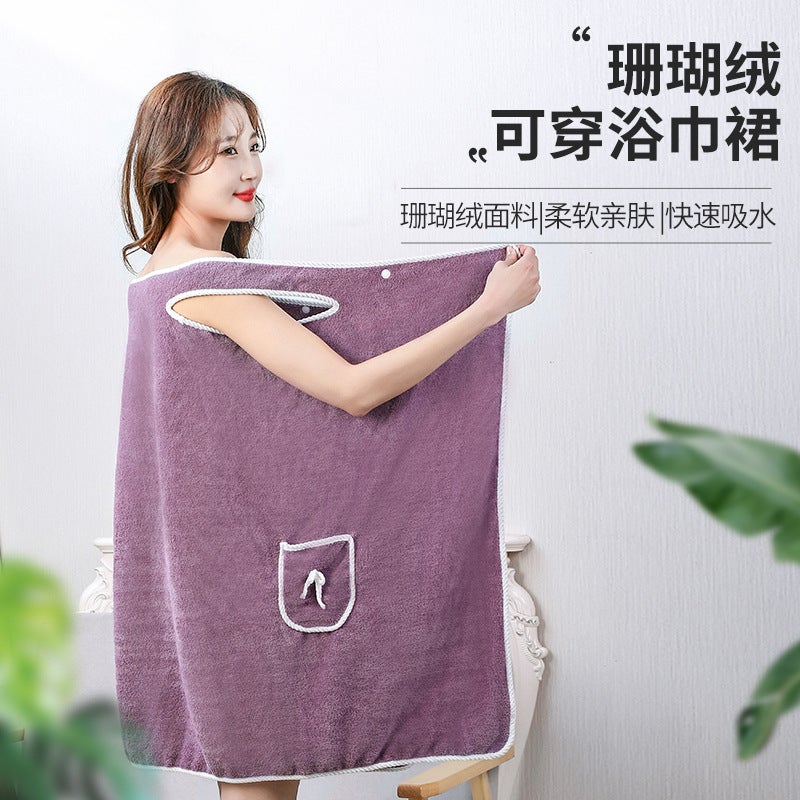 Thickened Coral Fleece Sling Bath Skirt Women'S Adult Household Bath Soft Absorbent Bathrobe Wearing Bath Towel - Image 3