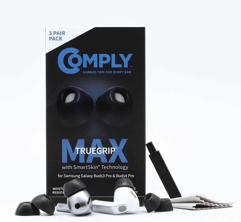 COMPLY TrueGrip MAX | Premium Memory Foam Replacement Earbud Tips for Samsung Galaxy Buds3 Pro | Long Lasting Comfort, MAX Durability, Secure Fit, Superior Noise Isolation| Black (S/M/L) (3 Pairs) - Image 1