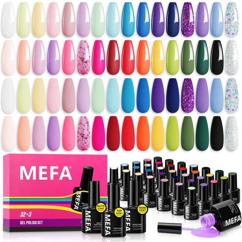 MEFA 35 Pcs Neon Gel Nail Polish Set, 32 Colors Summer Bright Gel Polish Set with Matte/Glossy Base Top Coat Pink Collection Nail Art Manicure DIY Salon Home Decoration Beginners Gifts for Women - Image 1