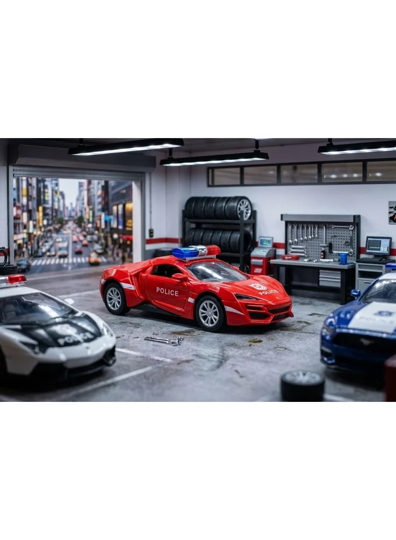 تولي سيارة شرطة معدنية مصبوبة بالقوالب (Die-cast) تعمل بنظام السحب للخلف، مزودة بالموسيقى والأضواء وأبواب يدوية الفتح، باللون الأحمر، بحجم عبوة 15.8 × 6 × 6.8 سم.
