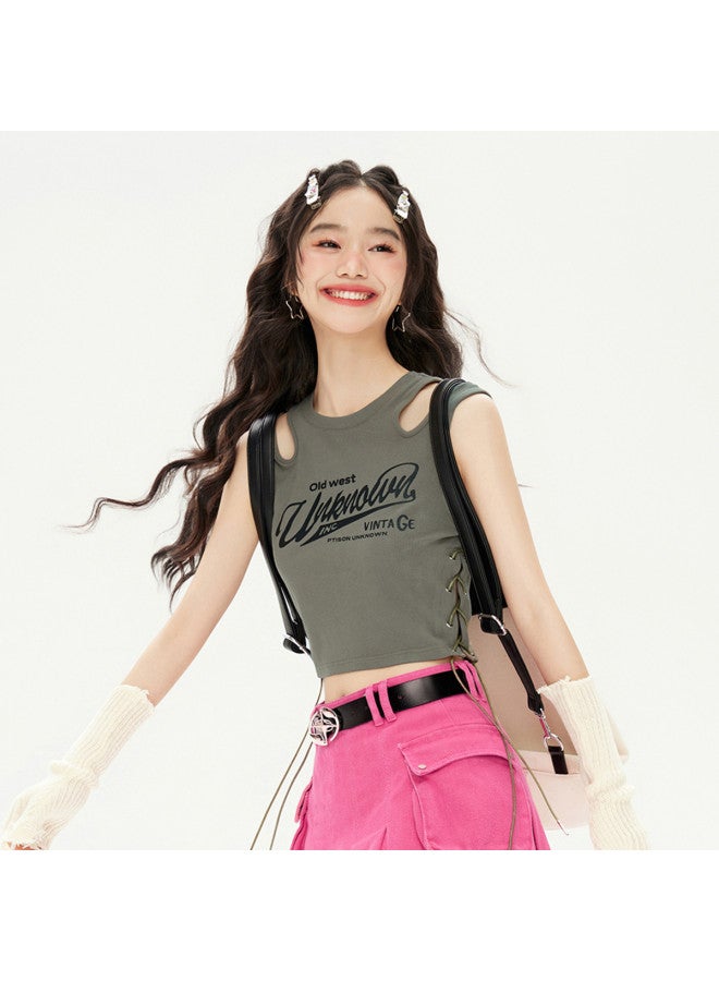 EPTISON Women's Short Sleeveless Top - Summer Vintage American Print Round Neck Crochet Tie Front Sweet & Spicy Style Tank Top - Image 2