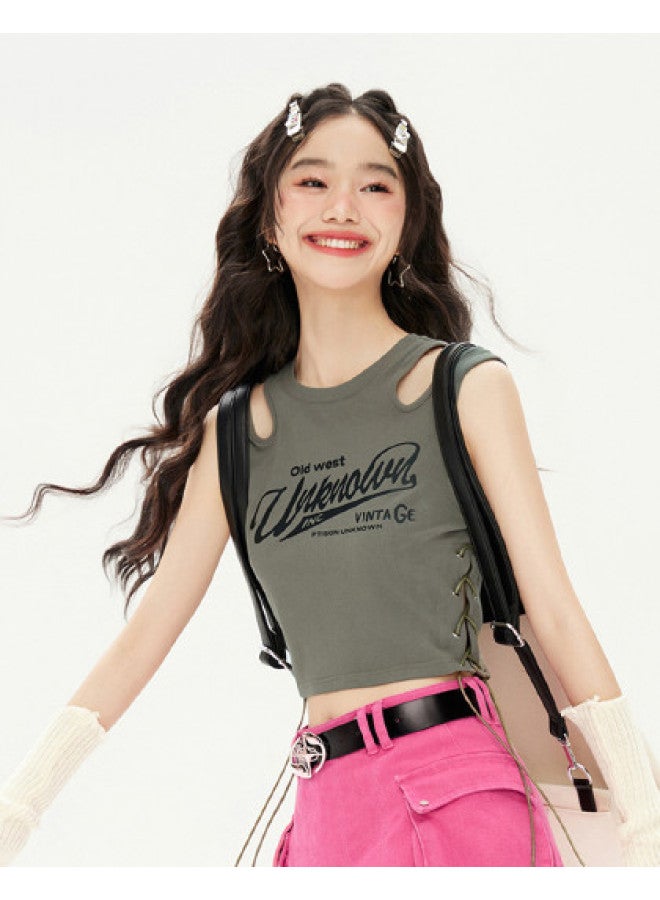 EPTISON Women's Short Sleeveless Top - Summer Vintage American Print Round Neck Crochet Tie Front Sweet & Spicy Style Tank Top - Image 1