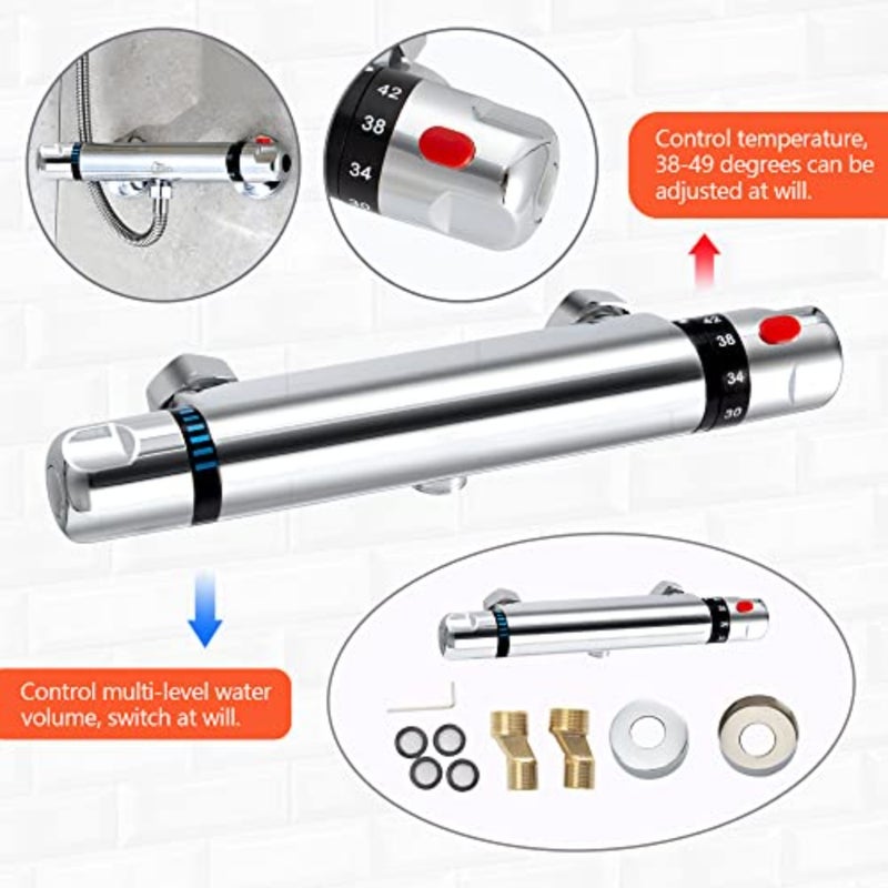 Chrome Thermostatic Shower Mixer, Wall Mounted Shower Mixer Valve Anti Scald Tap, Hot and Cold Water Mixer Intelligent Constant Temperature - Image 2