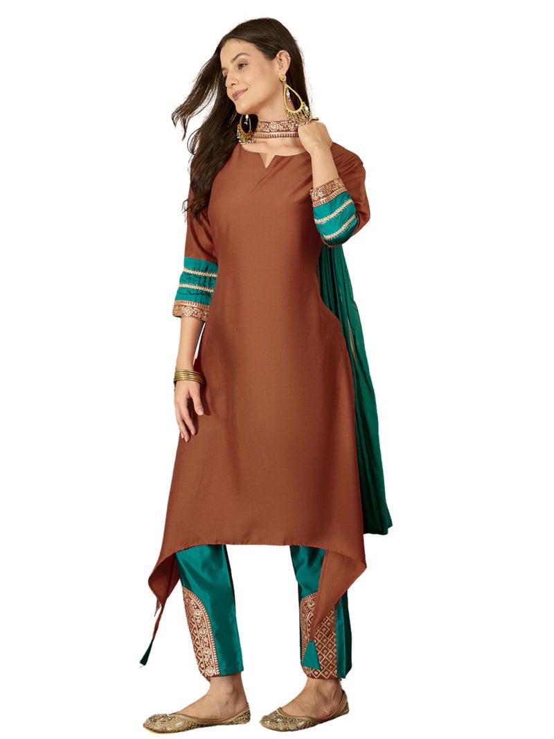 EthnicJunction Women's Cotton Silk Embroidered Asymmetric Kurta Pant with Choker Dupatta Set Rust - Image 1