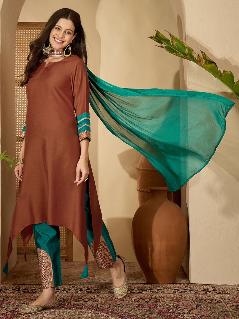 EthnicJunction Women's Cotton Silk Embroidered Asymmetric Kurta Pant with Choker Dupatta Set Rust - Image 3