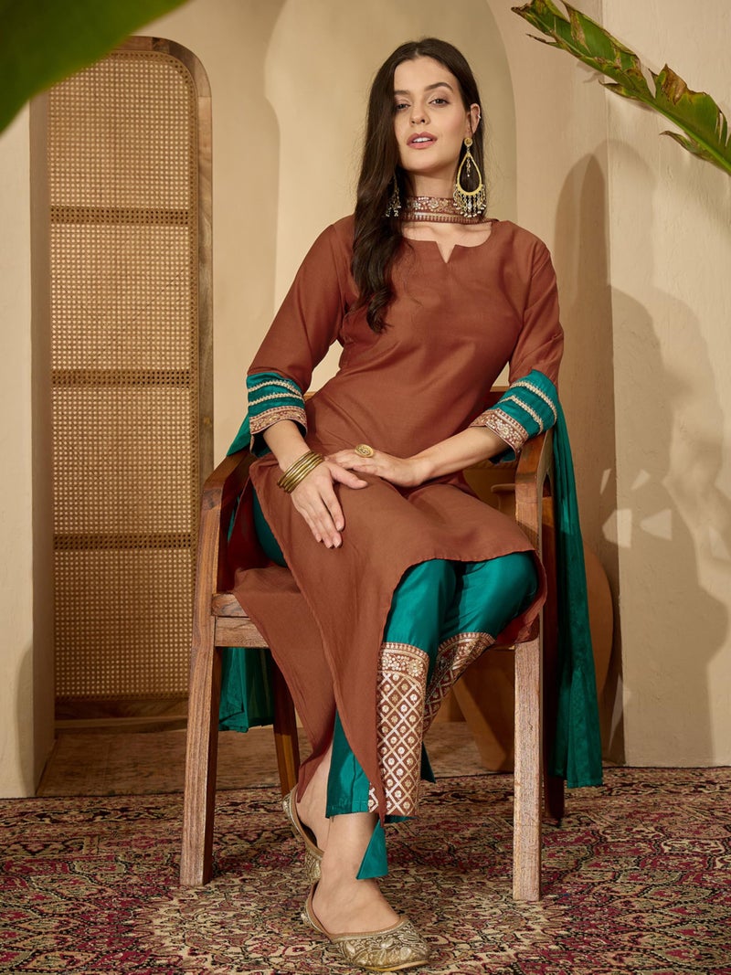 EthnicJunction Women's Cotton Silk Embroidered Asymmetric Kurta Pant with Choker Dupatta Set Rust - Image 2