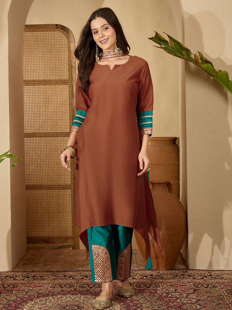 EthnicJunction Women's Cotton Silk Embroidered Asymmetric Kurta Pant with Choker Dupatta Set Rust - Image 5