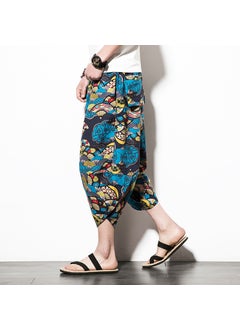 Summer Japanese Plus Size Mens Ethnic Print Linen Capris Army Green 1 color
