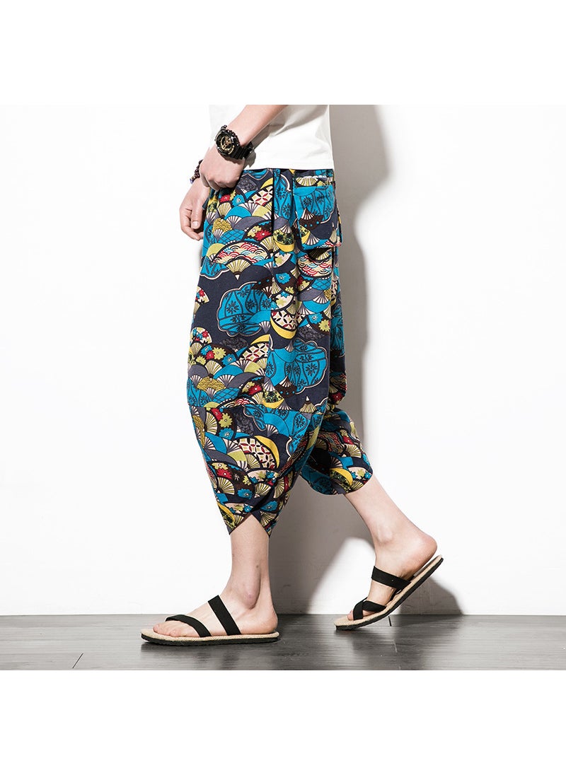 Generic - Summer Japanese Plus Size Mens Ethnic Print Linen Capris Army Green 1 color - Image 1