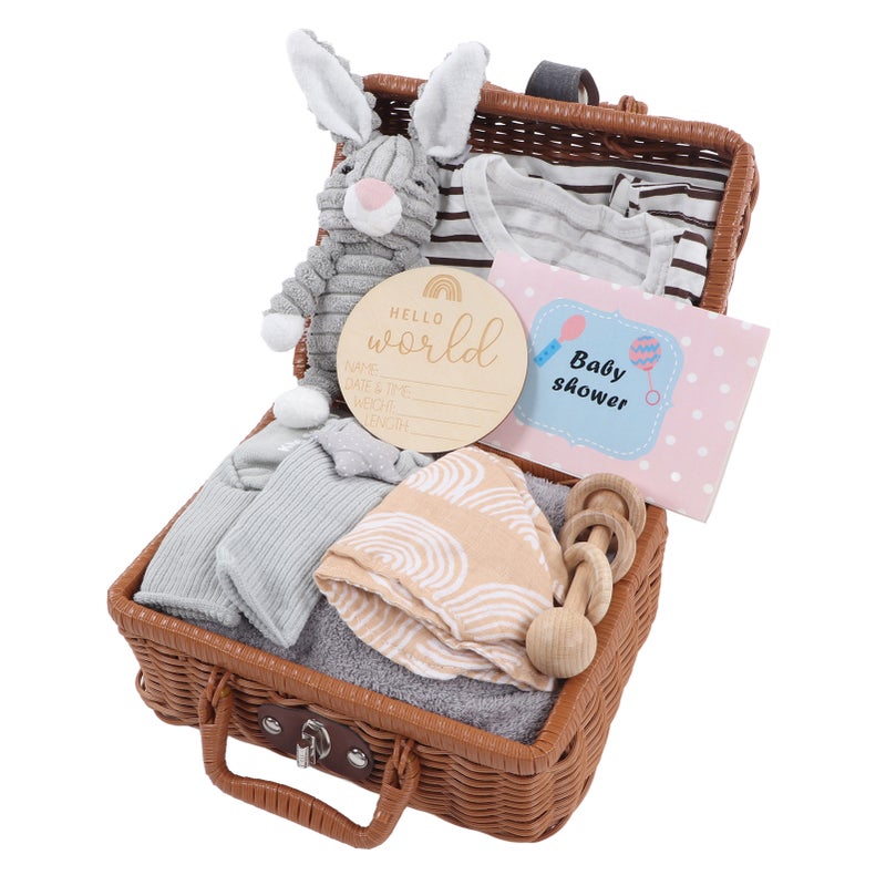 Baby Shower Gift Basket: Soft Plush Toy with Teething Rattle - Reusable Wooden Basket for Newborns, Toddlers, Baby Boys and Girls - Image 3