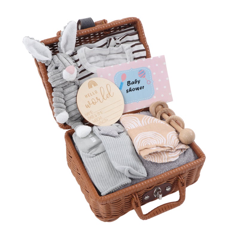 Baby Shower Gift Basket: Soft Plush Toy with Teething Rattle - Reusable Wooden Basket for Newborns, Toddlers, Baby Boys and Girls - Image 2