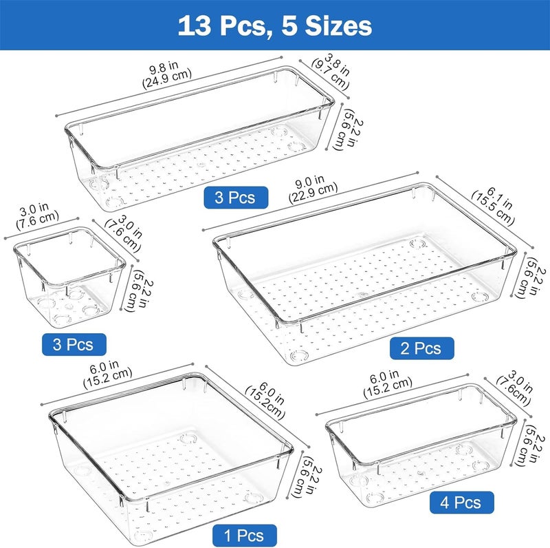 Zollyss Drawer Organizer Tray | Clear Plastic Bathroom & Makeup Storage Organizers | Dressing Table & Kitchen Drawer Dividers Set (13 Pcs) - Image 2