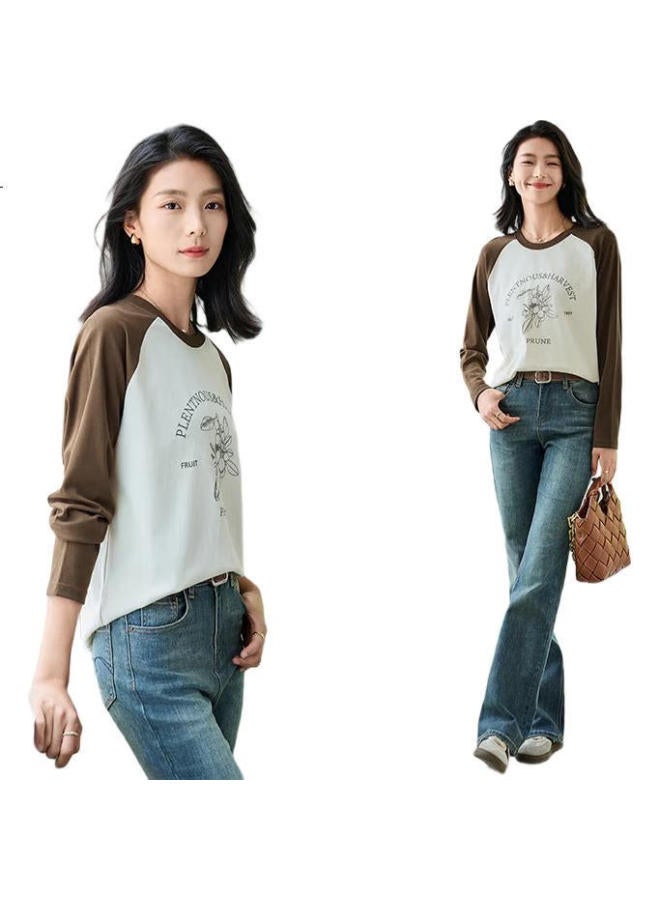 First Application Chushen Chunqiu Long-Sleeve T-Shirt For Women, Wilderness Maillard Round Neck, Contrasting Color Splicing, Simple Loose Base Shirt S143T2022 - Image 1