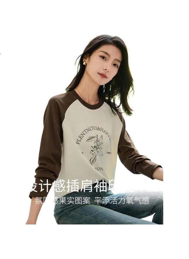 First Application Chushen Chunqiu Long-Sleeve T-Shirt For Women, Wilderness Maillard Round Neck, Contrasting Color Splicing, Simple Loose Base Shirt S143T2022 - Image 3