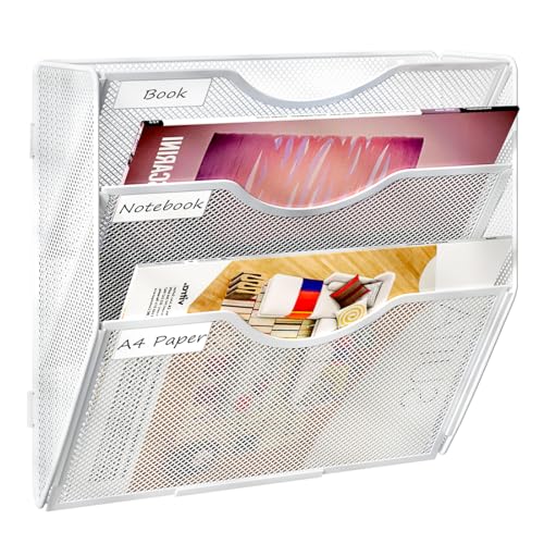 PAG Hanging Wall File Holder, 3 Tier Mail Sorter for Wall, Mesh Office Wall Organizer For Papers/Folders/Files Clipboard & Magazine, White - Image 1