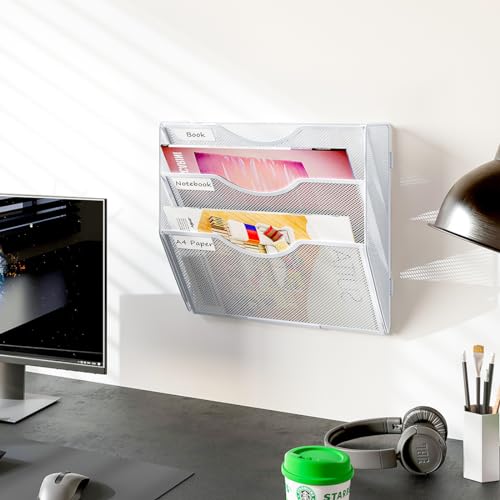 PAG Hanging Wall File Holder, 3 Tier Mail Sorter for Wall, Mesh Office Wall Organizer For Papers/Folders/Files Clipboard & Magazine, White - Image 5