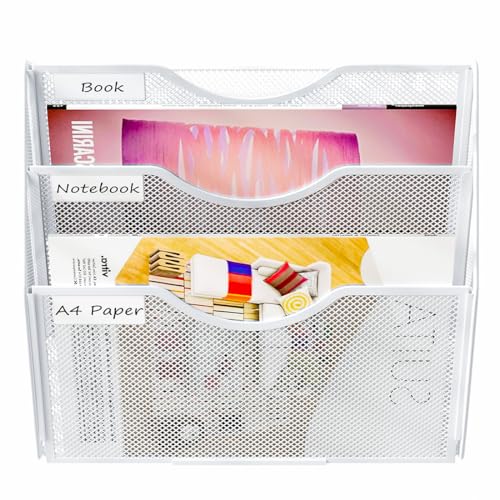 PAG Hanging Wall File Holder, 3 Tier Mail Sorter for Wall, Mesh Office Wall Organizer For Papers/Folders/Files Clipboard & Magazine, White - Image 2
