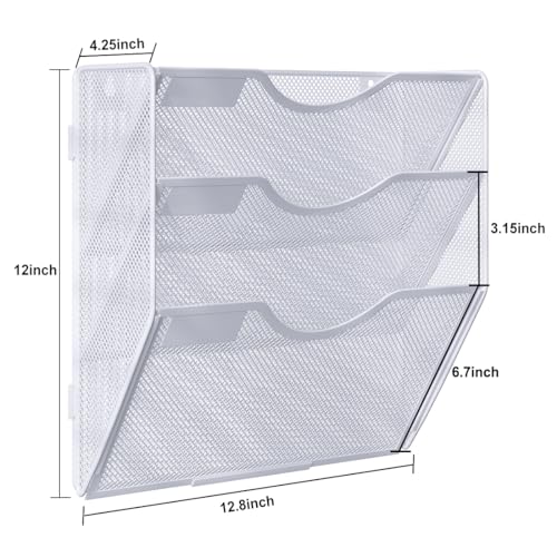 PAG Hanging Wall File Holder, 3 Tier Mail Sorter for Wall, Mesh Office Wall Organizer For Papers/Folders/Files Clipboard & Magazine, White - Image 4