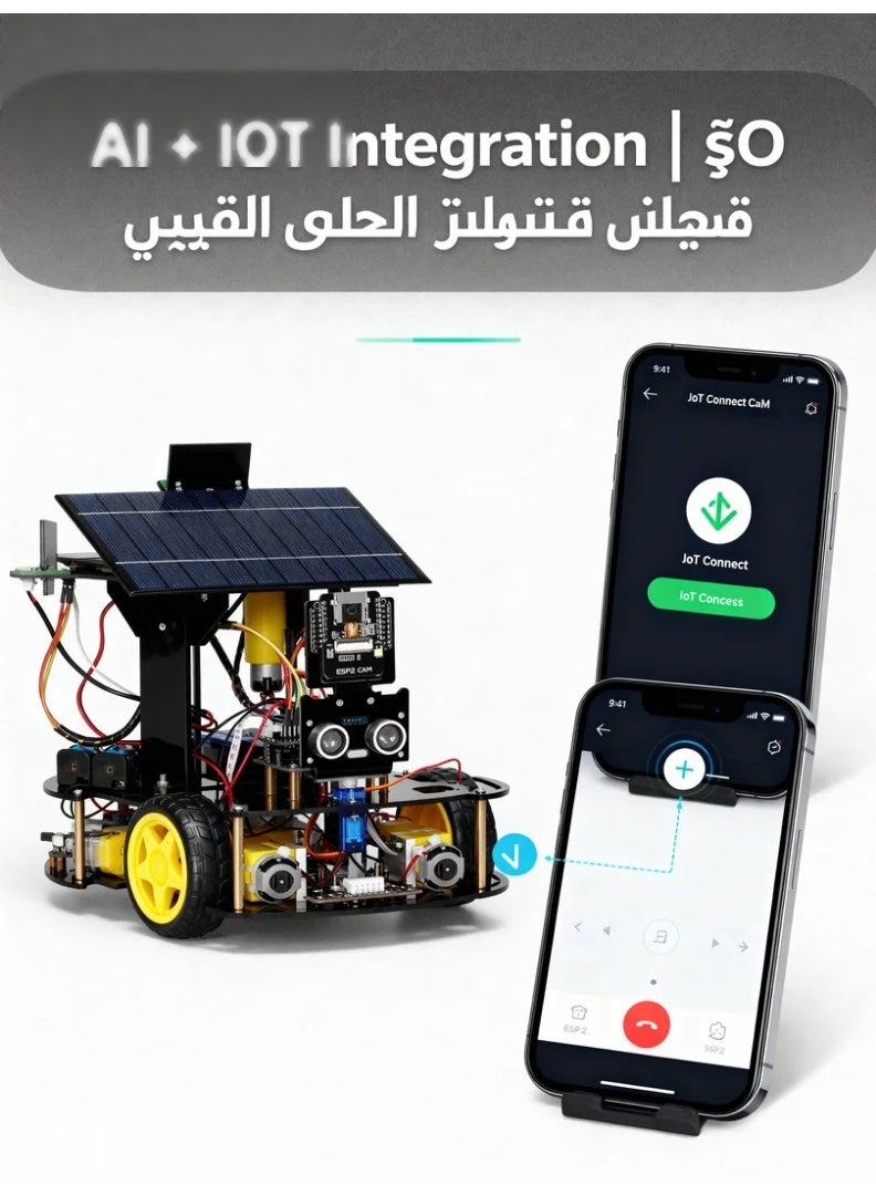 ESP32 AI Vision Solar Smart Robot Car Kit – WiFi HD Streaming, Face & Object Recognition, Dual Solar + Battery Power, Infrared Line Tracking, Ultrasonic Obstacle Avoidance, Pan-Tilt Camera, Arduino IDE & MicroPython Coding STEM Kit