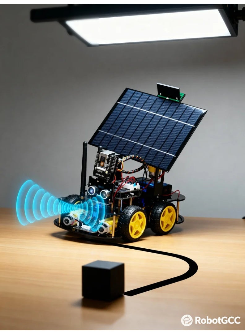 ESP32 AI Vision Solar Smart Robot Car Kit – WiFi HD Streaming, Face & Object Recognition, Dual Solar + Battery Power, Infrared Line Tracking, Ultrasonic Obstacle Avoidance, Pan-Tilt Camera, Arduino IDE & MicroPython Coding STEM Kit