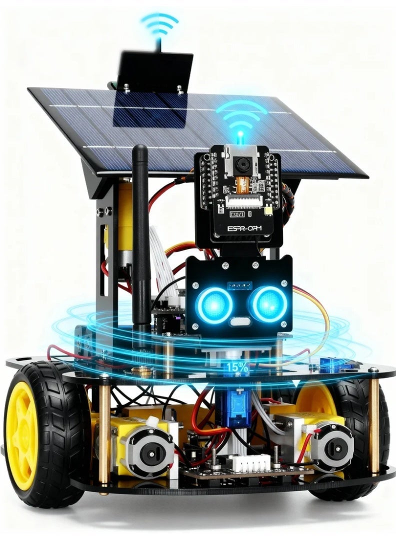 robotgcc ESP32 AI Vision Solar Smart Robot Car Kit – WiFi HD Streaming, Face & Object Recognition, Dual Solar + Battery Power, Infrared Line Tracking, Ultrasonic Obstacle Avoidance, Pan-Tilt Camera, Arduino IDE & MicroPython Coding STEM Kit - Image 1