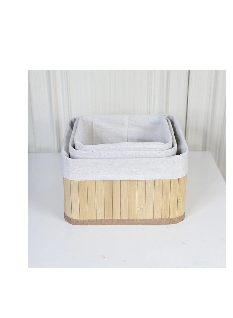 Bamboo Storage Basket Set of 3  with Fabric Liner Square shape  - Beige - Image 1