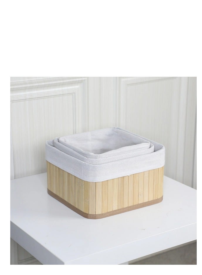 Bamboo Storage Basket Set of 3  with Fabric Liner Square shape  - Beige - Image 2