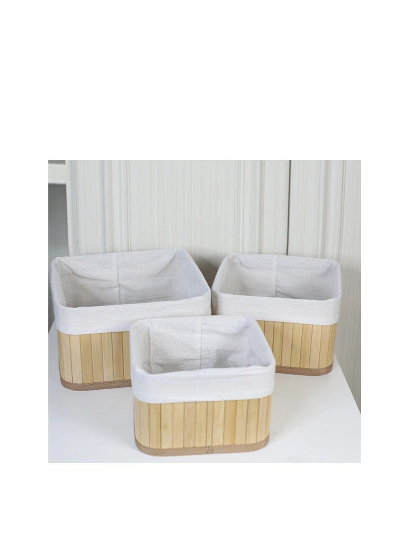 Bamboo Storage Basket Set of 3  with Fabric Liner Square shape  - Beige - Image 3