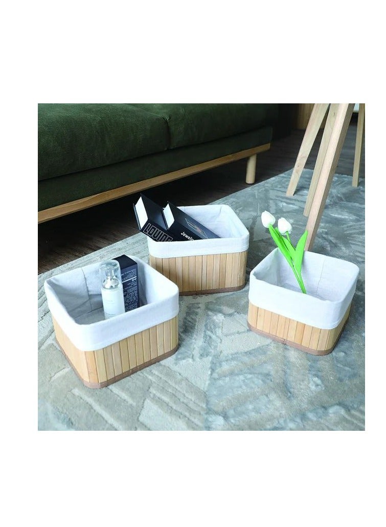 Bamboo Storage Basket Set of 3  with Fabric Liner Square shape  - Beige - Image 4