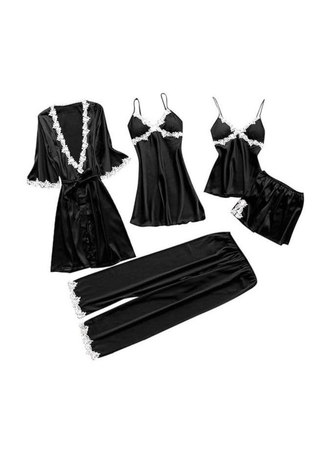 Womens Pajama Sets 5PC Silk Pajamas for women Cute Sleepwear Loungewear Satin Pajamas Sets for Women Soft - Image 1