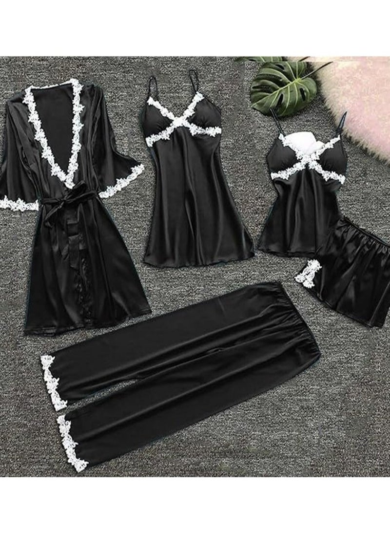 Womens Pajama Sets 5PC Silk Pajamas for women Cute Sleepwear Loungewear Satin Pajamas Sets for Women Soft - Image 2