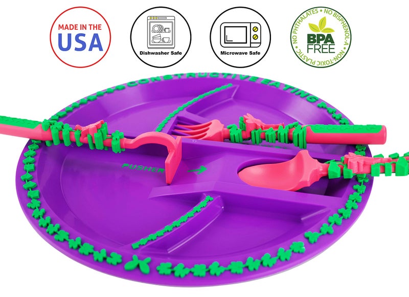 Constructive Eating Plate and Utensils Set - USA-Made Toddler Dinnerware with Divided Plates (Garden Fairy) - Image 5