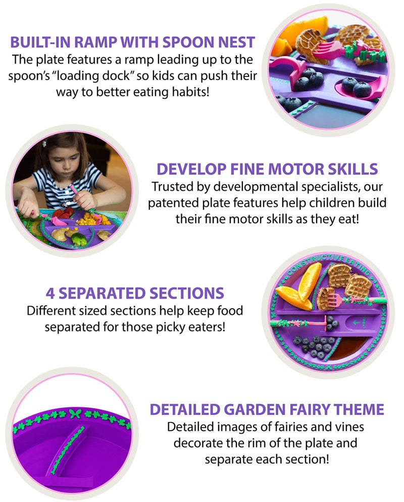 Constructive Eating Plate and Utensils Set - USA-Made Toddler Dinnerware with Divided Plates (Garden Fairy) - Image 4