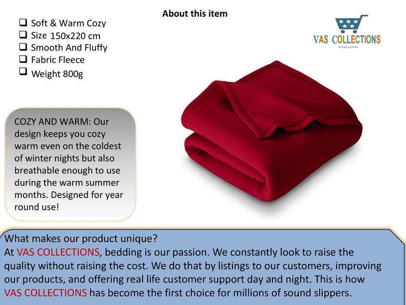 VAS COLLECTIONS VAS COLLECTION 300 TC All Season Solid/Plain Lightweight Polar Fleece Single Bed Blanket (152 x 230 cm, Maroon & Red) - Image 2