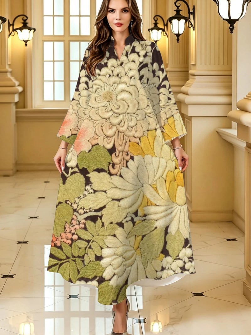 Vintage Floral Printed Abaya Stand Collar Loose Long Sleeve Maxi Dress Elegant Muslim Women Modest Casual Evening Kaftan Gown - Image 1
