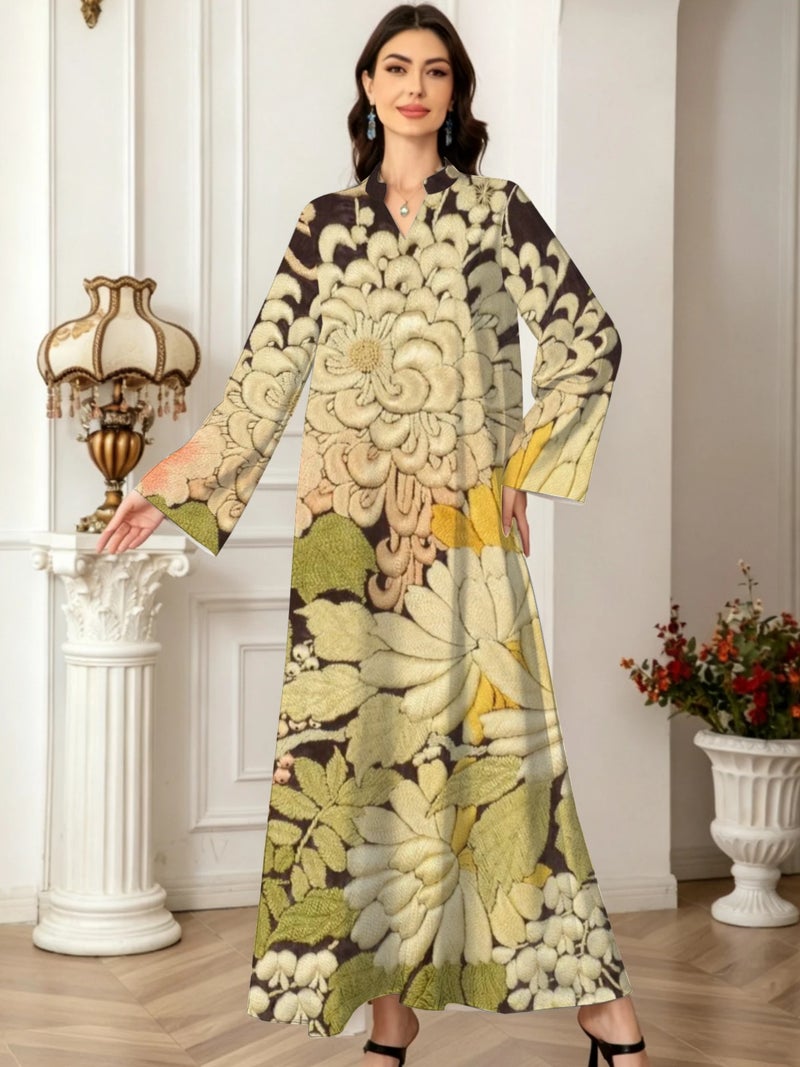 Vintage Floral Printed Abaya Stand Collar Loose Long Sleeve Maxi Dress Elegant Muslim Women Modest Casual Evening Kaftan Gown - Image 2